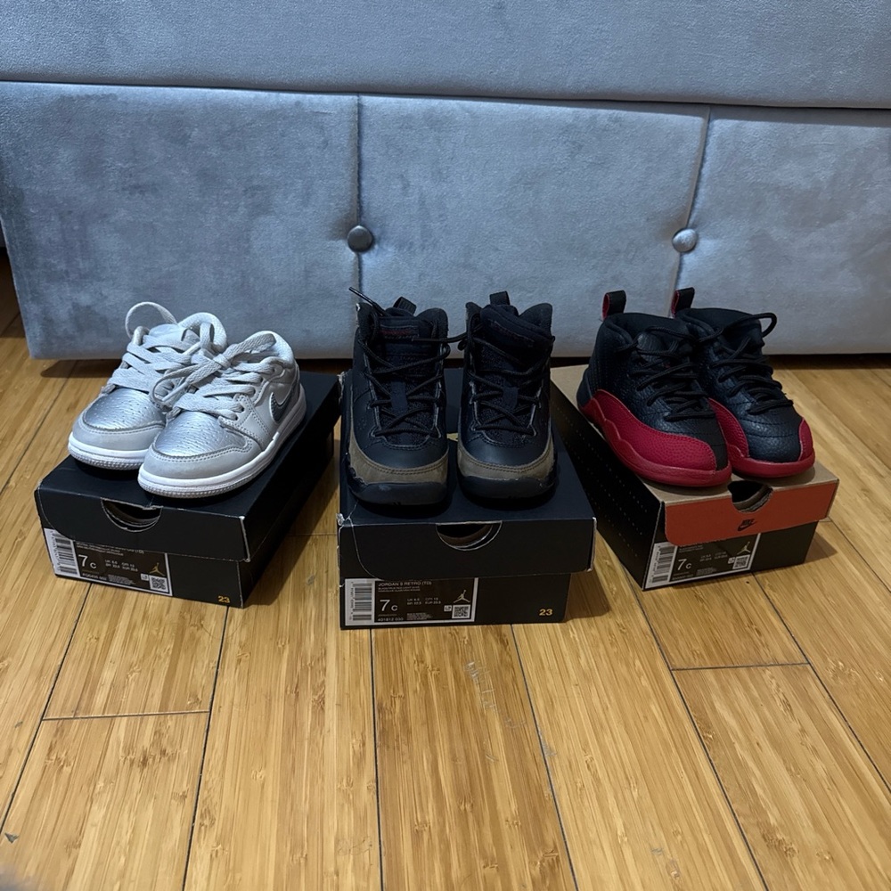 Stylish Kids' Sneakers Trio - Silver, Black, Red Jordan 9’s Jordan12’s Jordan 1s